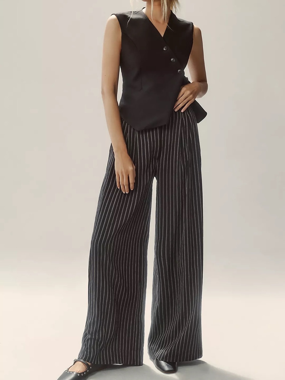 By Anthropologie Pinstripe Wide Leg Trousers Pants High Rise Black Size 14 - Picture 2 of 13